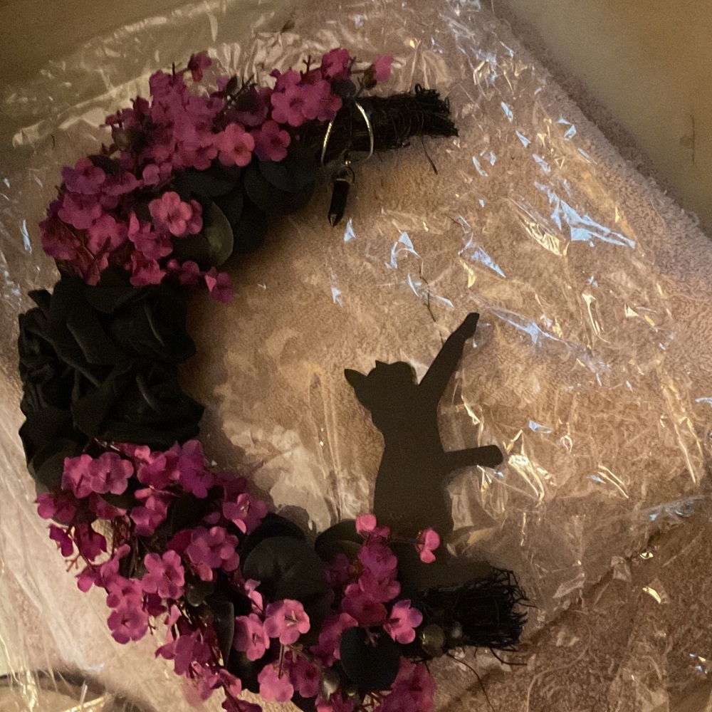 Floral Crescent Moon with Cat Silhouette front door decoration